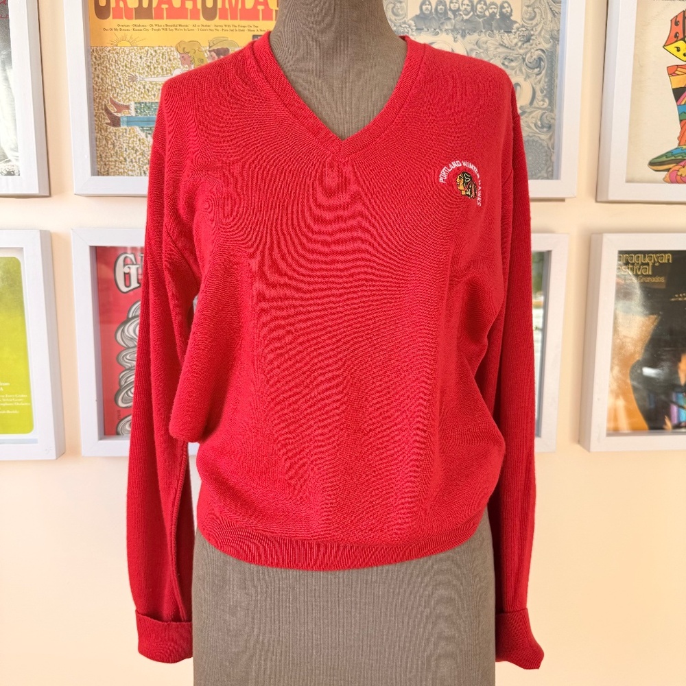 Vintage 90s Red V-Neck Portland Winter Hawks Sweater